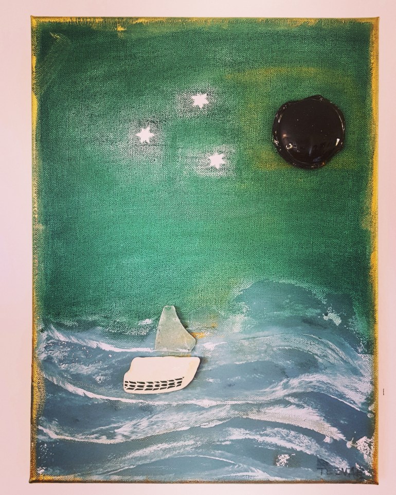 how 2 sail away, mixedmedia, assemblage on canvas, 2017, 30 x 40, available